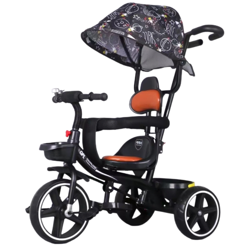 Tricicleta cu pedale, Copertina retractabila, 2 – 6 ani, Negru, Maner parental