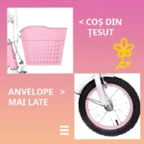Cos frontal incapator si anvelope late pentru stabilitate la bicicleta roz cu doua locuri