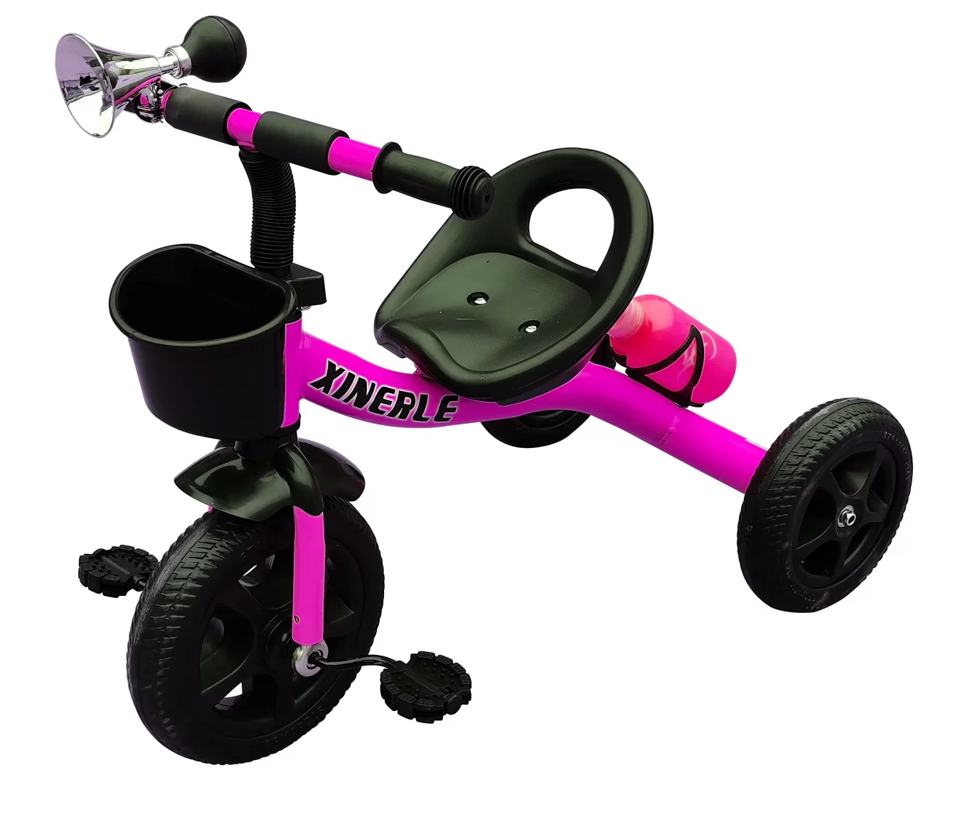 Tricicleta cu pedale pentru copii 3 – 6 ani, Roti din cauciuc EVA, Roz, Cadru metalic, Cosulet pentru jucarii, Clacson si sticla cu suport