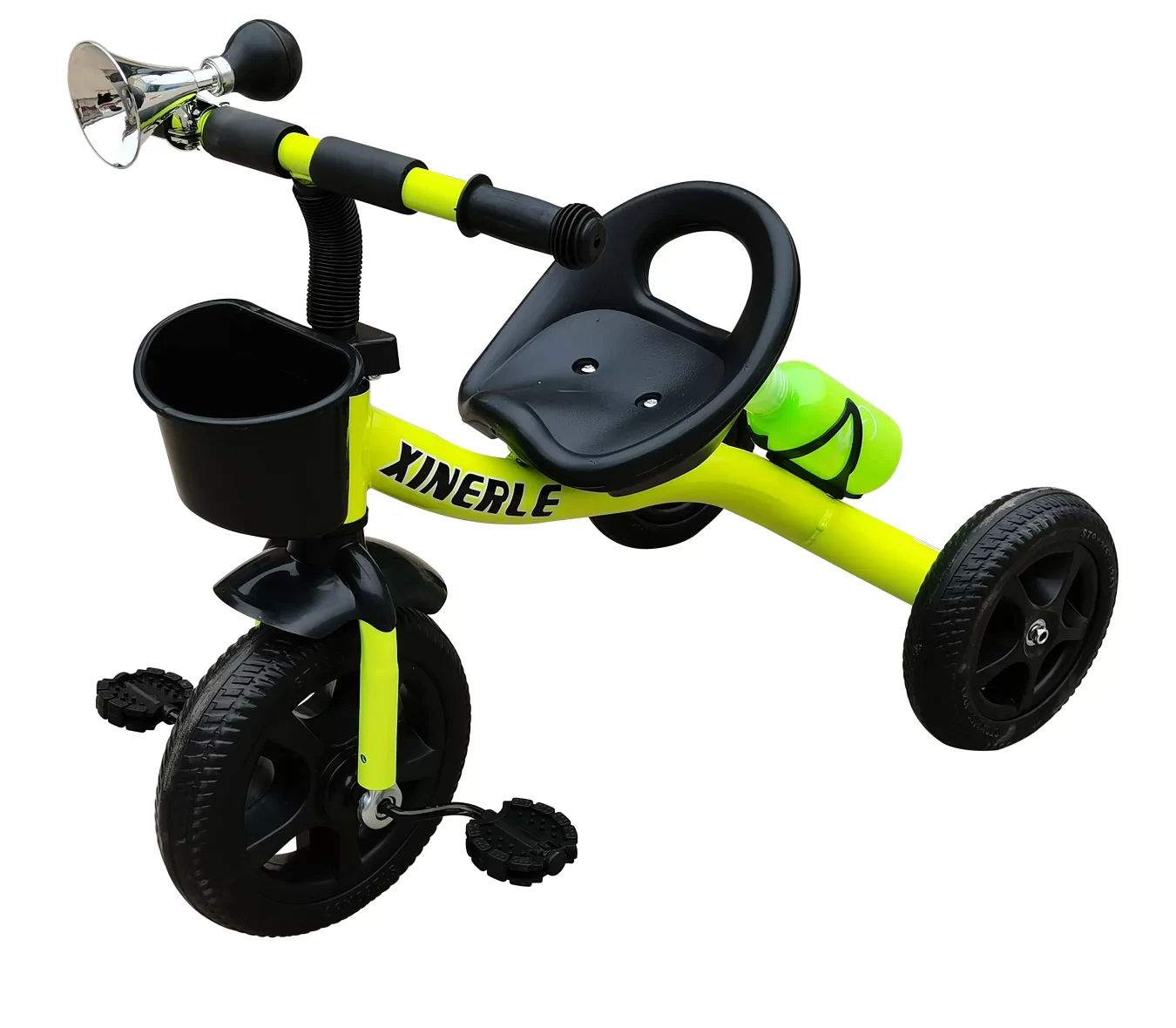 Tricicleta cu pedale pentru copii 3 – 6 ani, Roti din cauciuc EVA, Verde, Cadru metalic, Cosulet pentru jucarii, Clacson si sticla cu suport