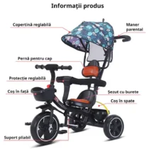Prezentare detaliata a componentelor principale pentru tricicleta cu copertina albastra