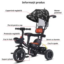Prezentare detaliata a componentelor principale pentru tricicleta cu copertina neagra
